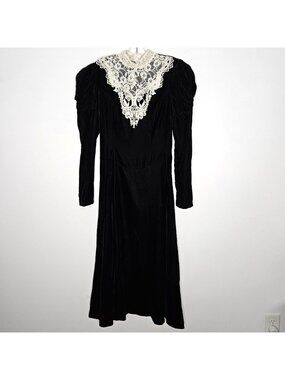 Vtg Scott McClintock Dress Womens XS Black Velvet Lace Wednesday Witchycore